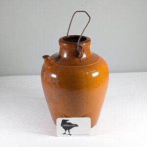 Vintage stoneware vinegar ewer, Brown glazed pottery oil jug